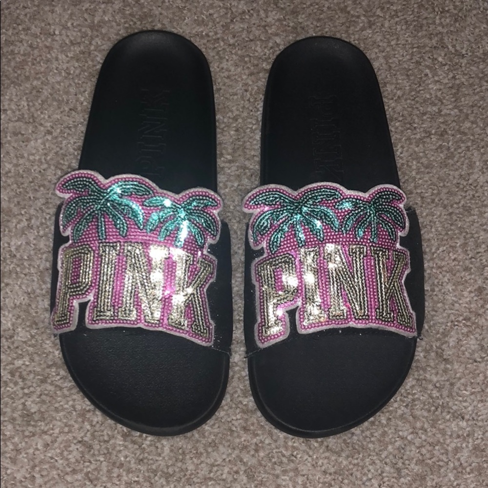 vs pink sequin slide sandals